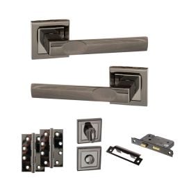 STATUS Kansas Door Handle Pack (Bathroom Set - 3" CE Bathroom Lock, 4" Slim Knuckle Hinges x2) - Black Nickel