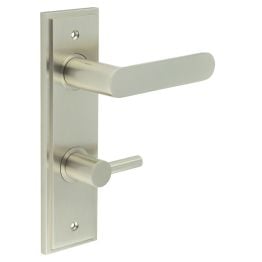 Kensington Door Handle Din Bathroom Backplate Satin Nickel & Turn & Release - By Frelan Hardware - BUR-25SN-456SN-82SN