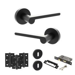 Senza Pari Darrio Door Handle Pack (3 Lever Lock Set - 3" CE Sashlock, 3" Fire Rated Hinges x3) - Matt Black