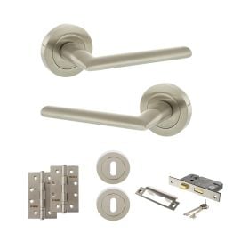 STATUS Alabama Door Handle Pack (3 Lever Lock Set - 2.5" CE Sashlock, 4" Slim Knuckle Hinges x2) - Satin Nickel