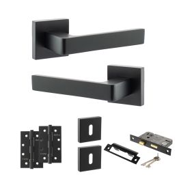 STATUS Montana Door Handle Pack (3 Lever Lock Set - 3" CE Sashlock, 4" Slim Knuckle Hinges x2) - Matt Black