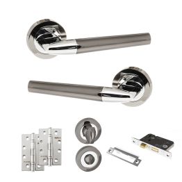STATUS Tennessee Door Handle Pack (Bathroom Set - 3" CE Bathroom Lock, 4" Slim Knuckle Hinges x2) - Black Nickel/Polished Chrome