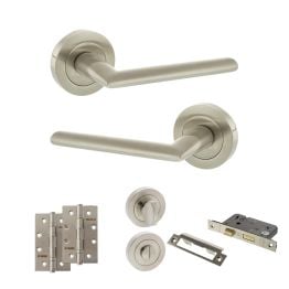 STATUS Alabama Door Handle Pack (Bathroom Set - 3" CE Bathroom Lock, 4" Slim Knuckle Hinges x2) - Satin Nickel