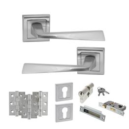 STATUS California Door Handle Pack (Euro Lock Set - 2.5" CE Sashlock, 3" Fire Rated Hinges x3) - Satin Chrome