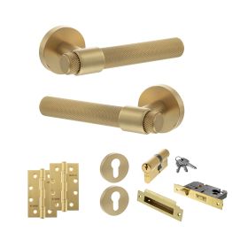 Senza Pari Andretta Door Handle Pack (Euro Lock Set - 2.5" CE Sashlock, 4" Slim Knuckle Hinges x2) - Satin Brass