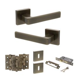 STATUS Montana Door Handle Pack (3 Lever Lock Set - 2.5" CE Sashlock, 3" Fire Rated Hinges x3) - Antique Brass