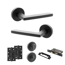 STATUS Alaska Door Handle Pack (Bathroom Set - 3" CE Bathroom Lock, 4" Slim Knuckle Hinges x2) - Matt Black