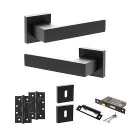 Senza Pari Panetti Door Handle Pack (3 Lever Lock Set - 3" CE Sashlock, 4" Slim Knuckle Hinges x2) - Matt Black