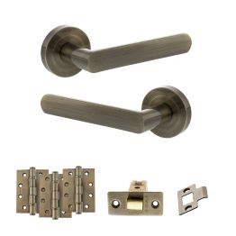 STATUS Carolina Door Handle Pack (Latch Set - 3" CE Latch, 4" Fire Rated Hinges x3) - Antique Brass