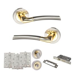 STATUS Indiana Door Handle Pack (Bathroom Set - 2.5" CE Bathroom Lock, 4" Fire Rated Hinges x3) - Satin Nickel/Polished Brass