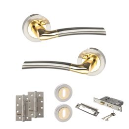 STATUS Indiana Door Handle Pack (3 Lever Lock Set - 2.5" CE Sashlock, 4" Slim Knuckle Hinges x2) - Satin Nickel/Polished Brass