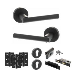 STATUS Nebraska Door Handle Pack (Euro Lock Set - 3" CE Sashlock, 3" Fire Rated Hinges x3) - Matt Black