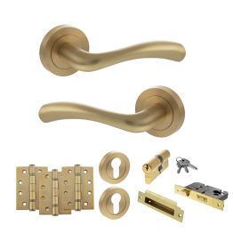 STATUS Texas Door Handle Pack (Euro Lock Set - 2.5" CE Sashlock, 4" Fire Rated Hinges x3) - Satin Brass
