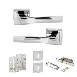 STATUS Kansas Door Handle Pack (3 Lever Lock Set - 2.5" CE Sashlock, 4" Slim Knuckle Hinges x2) - Polished Chrome