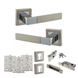 STATUS Montana Door Handle Pack (Euro Lock Set - 2.5" CE Sashlock, 4" Fire Rated Hinges x3) - Satin Nickel/Polished Chrome