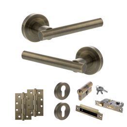 STATUS Nebraska Door Handle Pack (Euro Lock Set - 3" CE Sashlock, 4" Slim Knuckle Hinges x2) - Antique Brass