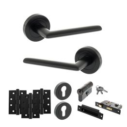STATUS Alabama Door Handle Pack (Euro Lock Set - 2.5" CE Sashlock, 4" Fire Rated Hinges x3) - Matt Black