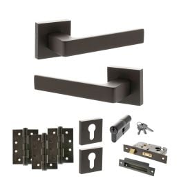 STATUS Montana Door Handle Pack (Euro Lock Set - 2.5" CE Sashlock, 4" Fire Rated Hinges x3) - Urban Dark Bronze