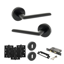 STATUS Alabama Door Handle Pack (3 Lever Lock Set - 3" CE Sashlock, 4" Fire Rated Hinges x3) - Matt Black
