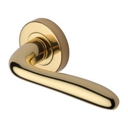 Heritage Brass Door Handle Lever Latch on Round Rose Columbus Design Polished Brass finish