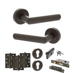 STATUS Carolina Door Handle Pack (Euro Lock Set - 3" CE Sashlock, 4" Fire Rated Hinges x3) - Urban Dark Bronze
