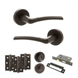 STATUS Indiana Door Handle Pack (Bathroom Set - 3" CE Bathroom Lock, 3" Fire Rated Hinges x3) - Urban Dark Bronze