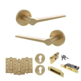 Senza Pari Laviano Door Handle Pack (Euro Lock Set - 2.5" CE Sashlock, 4" Fire Rated Hinges x3) - Satin Brass