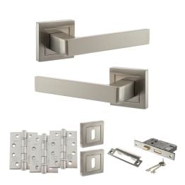 STATUS Montana Door Handle Pack (3 Lever Lock Set - 2.5" CE Sashlock, 4" Fire Rated Hinges x3) - Satin Nickel