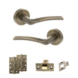 STATUS Indiana Door Handle Pack (Latch Set - 3" CE Latch, 4" Slim Knuckle Hinges x2) - Antique Brass