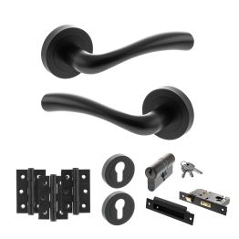 STATUS Texas Door Handle Pack (Euro Lock Set - 3" CE Sashlock, 3" Fire Rated Hinges x3) - Matt Black