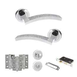 Senza Pari Crystal Door Handle Pack (Bathroom Set - 3" CE Bathroom Lock, 3" Fire Rated Hinges x3) - Polished Chrome