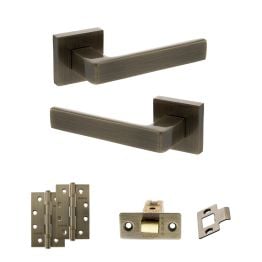 STATUS Montana Door Handle Pack (Latch Set - 2.5" CE Latch, 4" Slim Knuckle Hinges x2) - Antique Brass