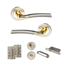 STATUS Indiana Door Handle Pack (Bathroom Set - 3" CE Bathroom Lock, 4" Slim Knuckle Hinges x2) - Satin Nickel/Polished Brass