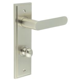 Kensington Door Handle Din Bathroom Backplate Satin Nickel & Turn & Release - By Frelan Hardware - BUR-25SN-456SN-80SN