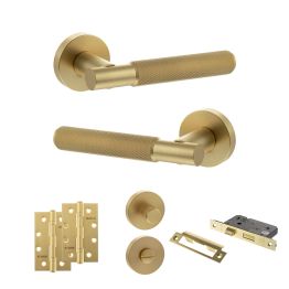 Senza Pari Rosarno Door Handle Pack (Bathroom Set - 2.5" CE Bathroom Lock, 4" Slim Knuckle Hinges x2) - Satin Brass