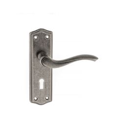 Old English Warwick Key Lever Door Handle on Backplate - Distressed Silver