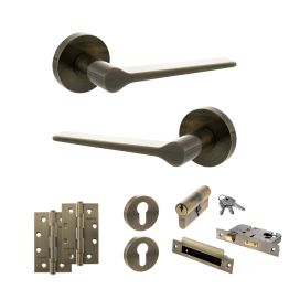 Senza Pari Laviano Door Handle Pack (Euro Lock Set - 3" CE Sashlock, 4" Slim Knuckle Hinges x2) - Antique Brass