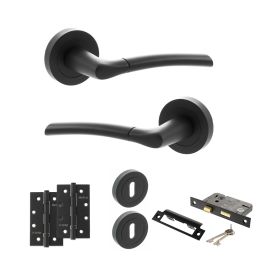STATUS Indiana Door Handle Pack (3 Lever Lock Set - 2.5" CE Sashlock, 4" Slim Knuckle Hinges x2) - Matt Black