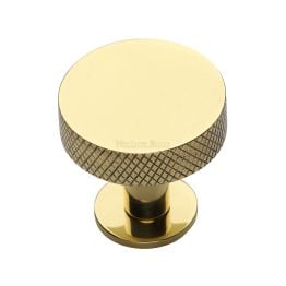 Heritage Brass Cabinet Knob Knurled Disc Design with Rose 32mm Polished Brass finish