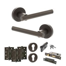 STATUS Nebraska Door Handle Pack (Euro Lock Set - 3" CE Sashlock, 4" Fire Rated Hinges x3) - Urban Dark Bronze