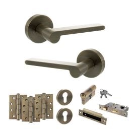 Senza Pari Darrio Door Handle Pack (Euro Lock Set - 2.5" CE Sashlock, 4" Fire Rated Hinges x3) - Antique Brass