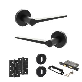 Senza Pari Laviano Door Handle Pack (3 Lever Lock Set - 3" CE Sashlock, 4" Slim Knuckle Hinges x2) - Matt Black