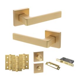 STATUS Montana Door Handle Pack (Bathroom Set - 2.5" CE Bathroom Lock, 3" Fire Rated Hinges x3) - Satin Brass
