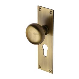 Heritage Brass Mortice Knob on Euro Profile Plate Balmoral Design Antique Brass finish