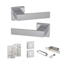 Senza Pari Panetti Door Handle Pack (3 Lever Lock Set - 2.5" CE Sashlock, 4" Slim Knuckle Hinges x2) - Polished Chrome
