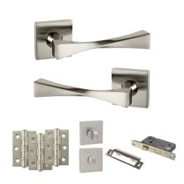 Senza Pari Guido Door Handle Pack (Bathroom Set - 2.5" CE Bathroom Lock, 3" Fire Rated Hinges x3) - Satin Nickel