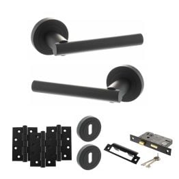 STATUS Nebraska Door Handle Pack (3 Lever Lock Set - 2.5" CE Sashlock, 4" Fire Rated Hinges x3) - Matt Black
