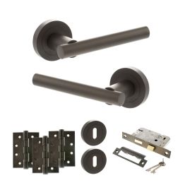 STATUS Nebraska Door Handle Pack (3 Lever Lock Set - 2.5" CE Sashlock, 4" Fire Rated Hinges x3) - Urban Dark Bronze