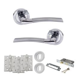 STATUS Indiana Door Handle Pack (3 Lever Lock Set - 2.5" CE Sashlock, 4" Fire Rated Hinges x3) - Satin Chrome/Polished Chrome