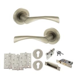 STATUS Colorado Door Handle Pack (Euro Lock Set - 3" CE Sashlock, 4" Fire Rated Hinges x3) - Satin Nickel